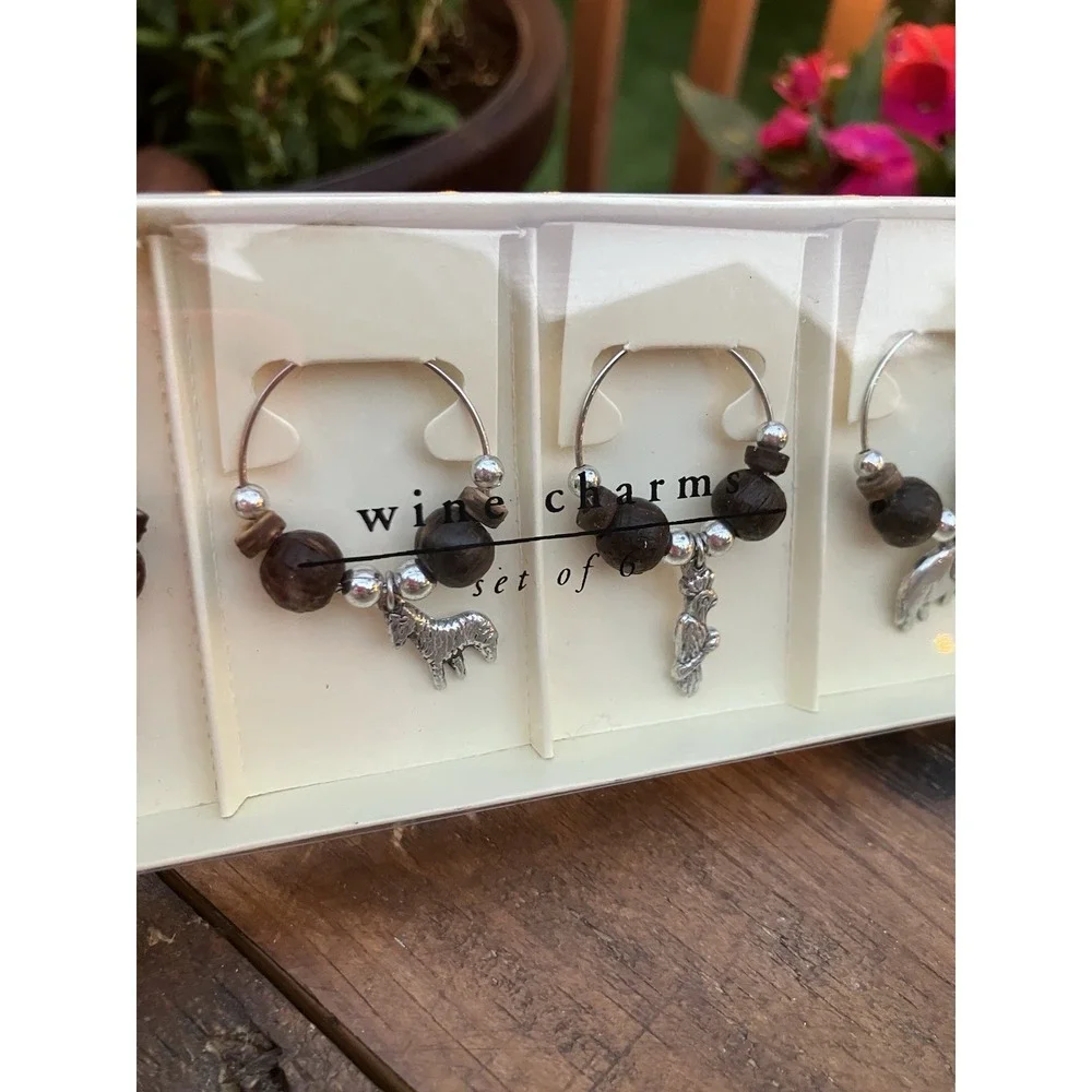 Vintage Pier 1 Imports Safari Wine Glass Charms Set of 6 Animal Stem Markers NIB